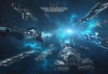 A fleet of ships flying in space in artwork for The Mandate