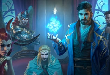 Promo artwork of the Magic The Gathering set Murders at Karlov Manor, showing a collection of major characters in a dimly lit manor.